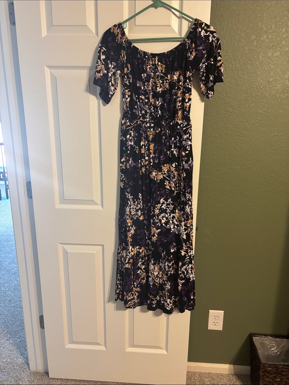 Off-Shoulder Purple Floral Midi Dress with Elastic Waist